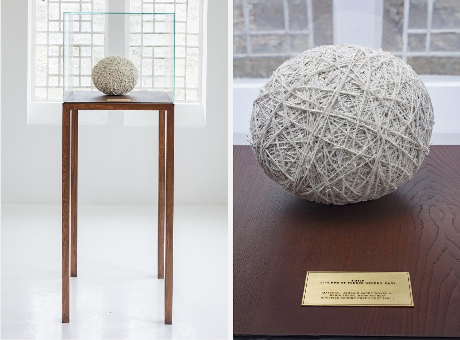 Side by side photos of a ball of wound fabric sitt...