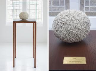 Side by side photos of a ball of wound fabric sitt...