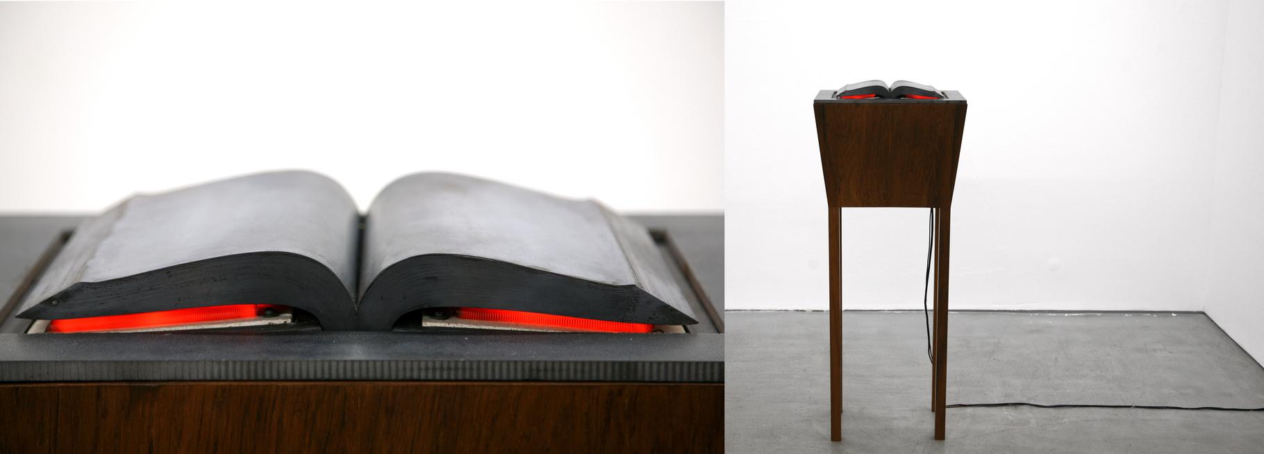 Two photos. Left: close-up of metal sculpture shap...