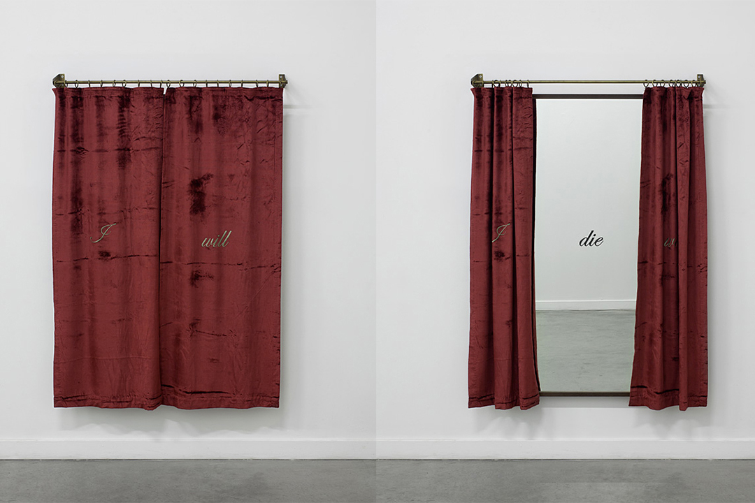 Two photos side by side. Left: closed red velvet c...