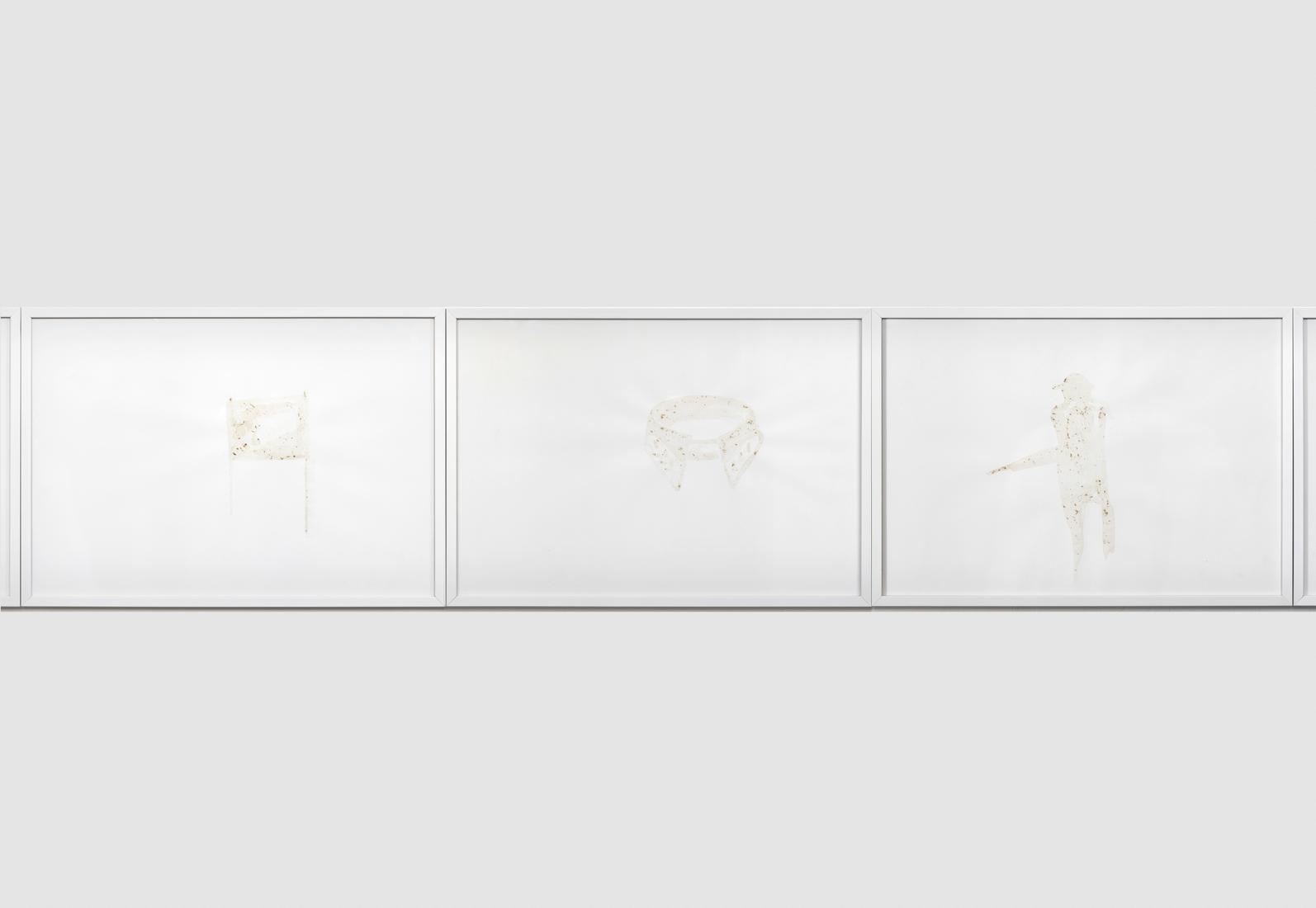 Three framed drawings on white paper. Pale brown d...