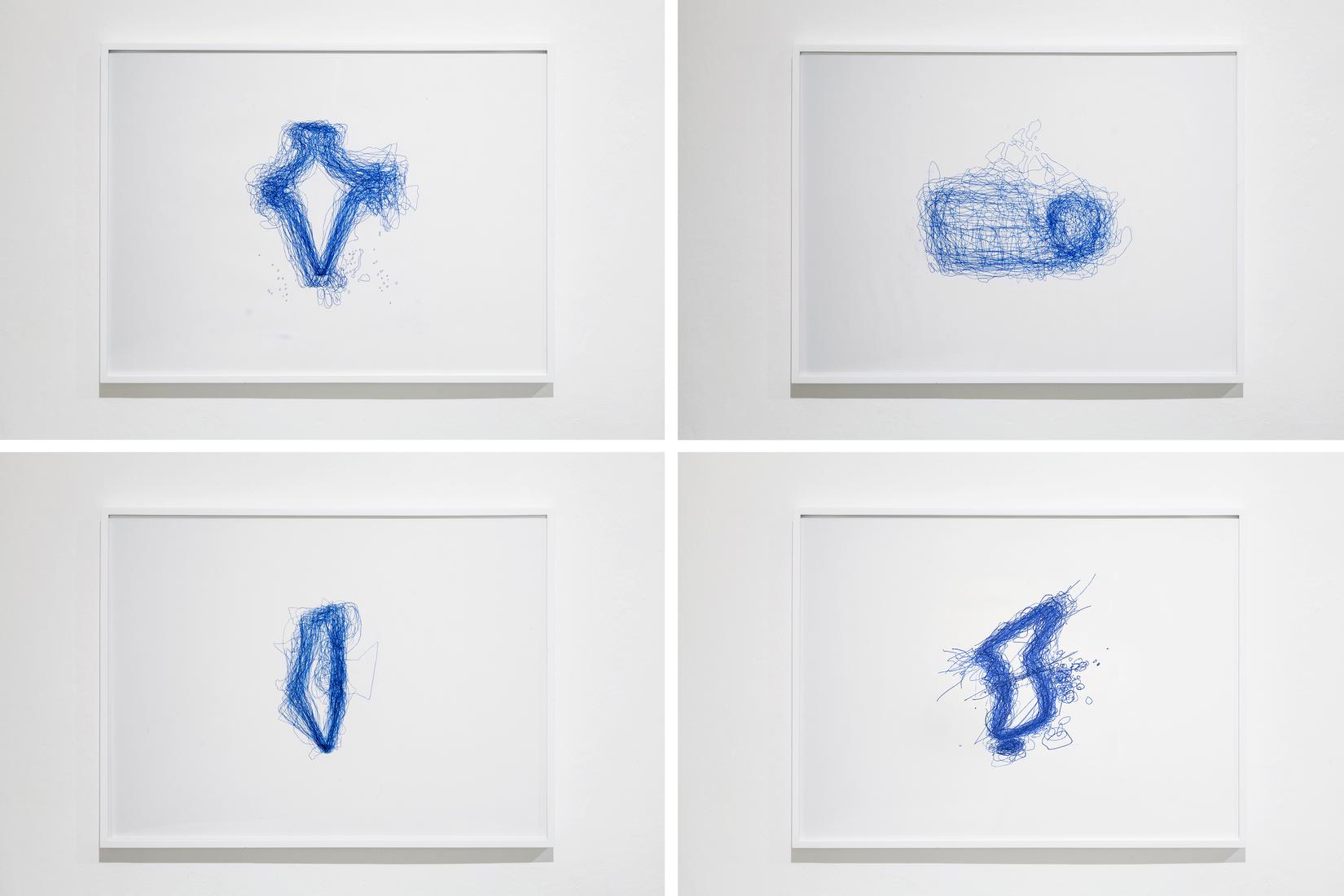 Four framed drawings on white paper. wiggly blue o...