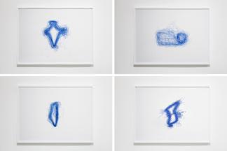 Four framed drawings on white paper. wiggly blue o...